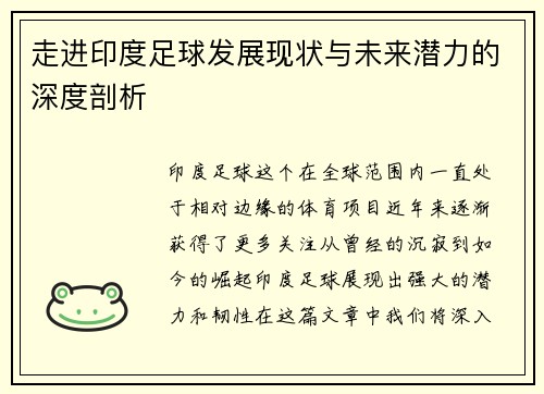 走进印度足球发展现状与未来潜力的深度剖析